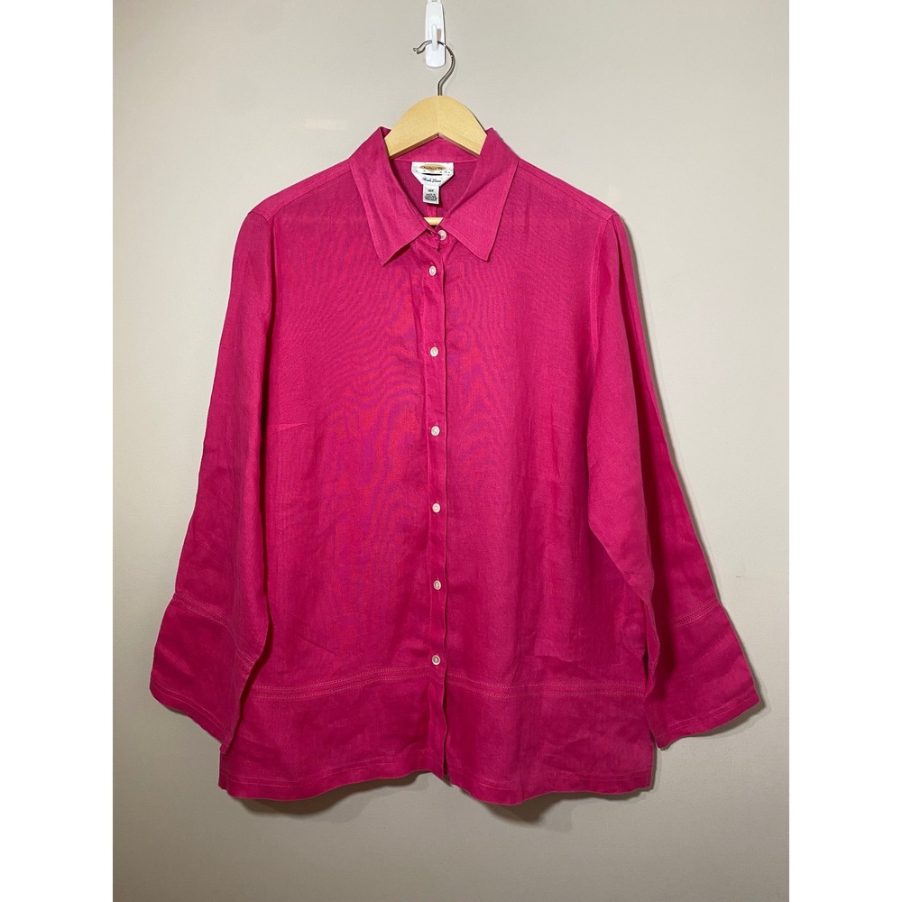 Talbots Womens 16W Pink Linen Button Down Blouse‎ Long Sleeve Fuchsia 100% Linen